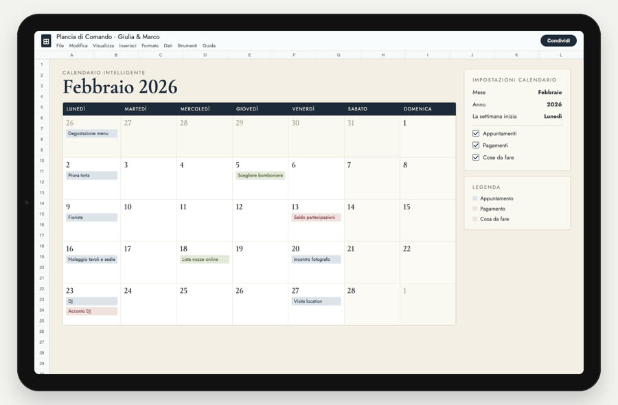 Plancia di Comando, Calendario intelligente: febbraio 2026 con appuntamenti, pagamenti e cose da fare