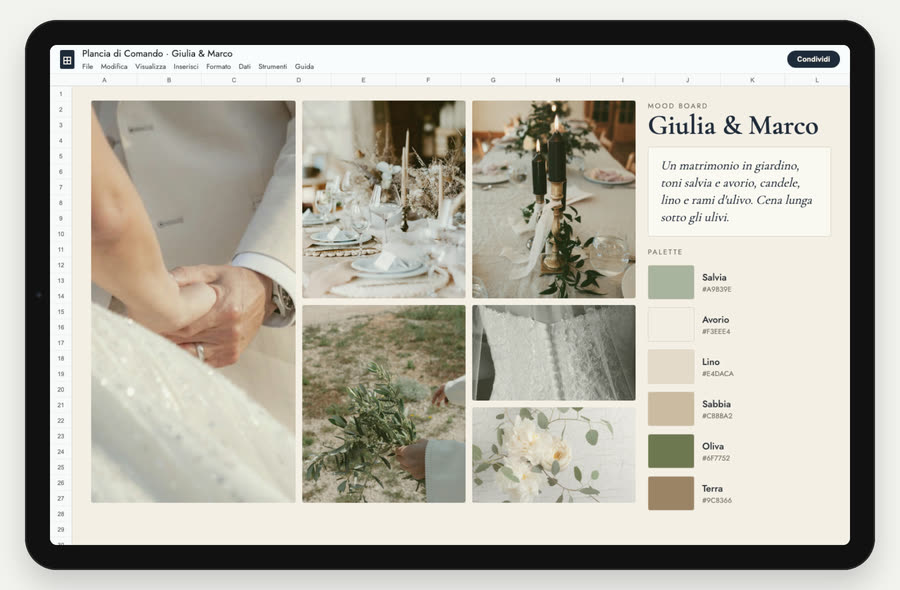 Plancia di Comando, scheda Mood board: foto di ispirazione, stile del matrimonio e palette di colori