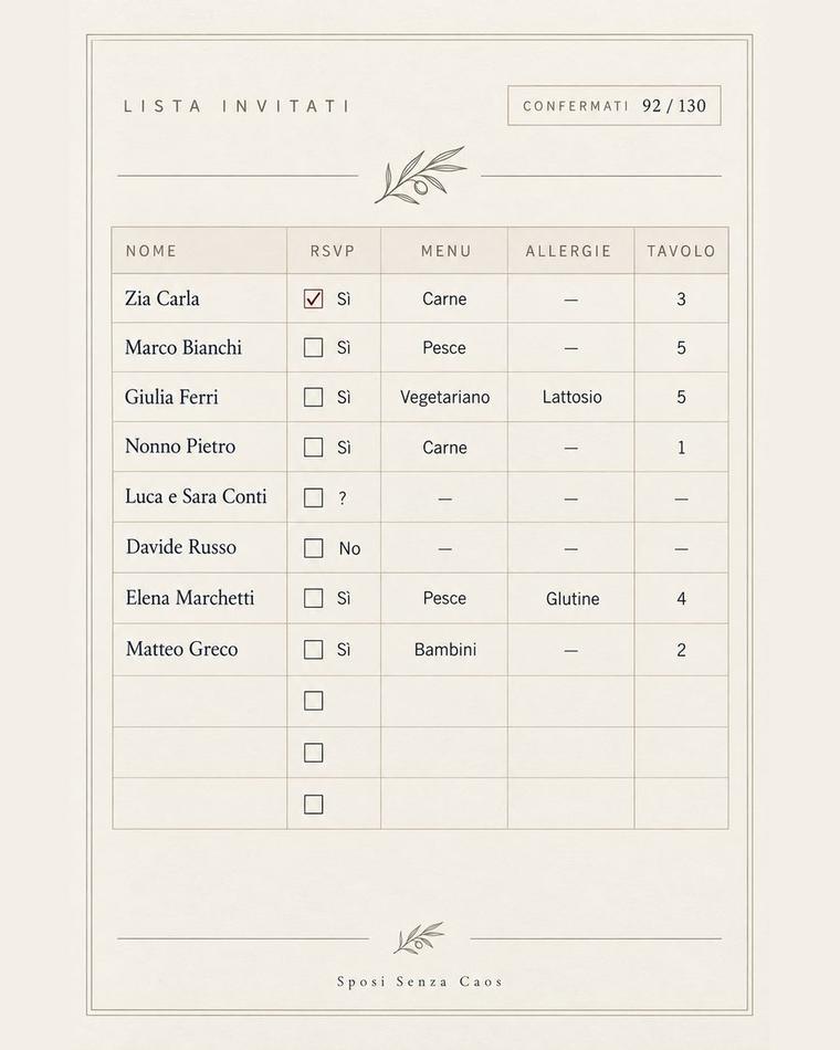 Lista invitati con conferme, menù e allergie