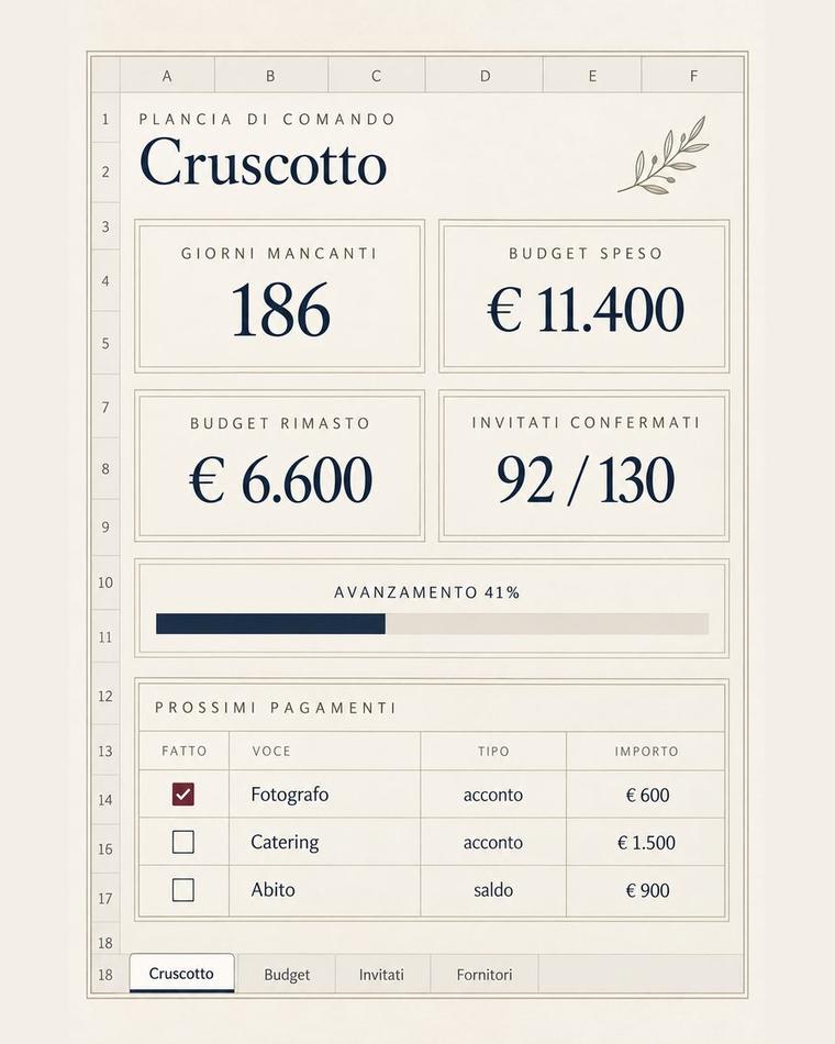 Cruscotto della Plancia di Comando con giorni mancanti e budget